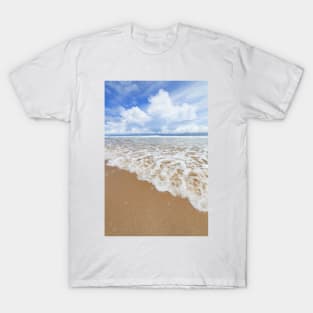 Waves sand beach and clouds sunny day T-Shirt